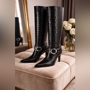 Gianni Bini Black Croc Embossed Knee High Boots Pointed Toe Buckle Stiletto Heel